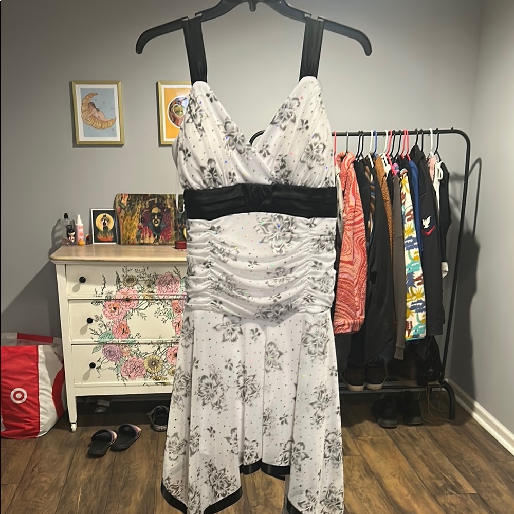 Deb Black and White Pleated Fit and Flare Dress